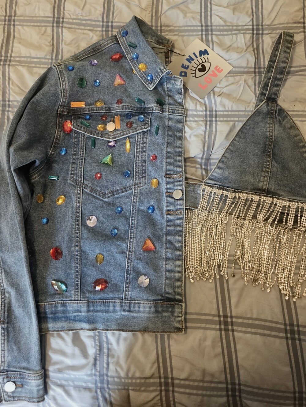 Custom Made 1/2 Bejeweled Denim Jacket 1/2 Denim Bra Top With Fringe.